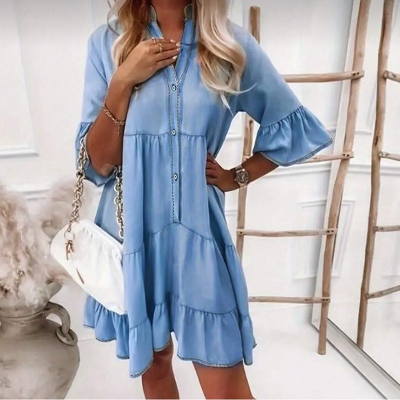 Blue Ruffle Sleeve Dress - Picture 2 of 2